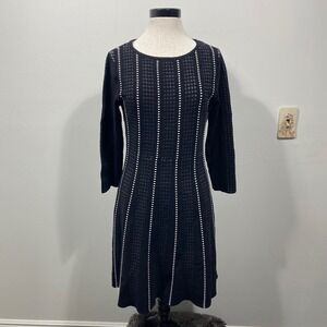 Metaphor Womens Large Black White Striped Dot Knit Fit Flare Sweater Dress
